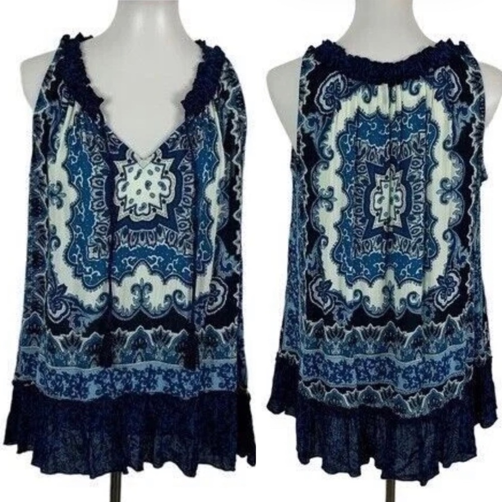 Bila Blue Paisley Print Sleeveless Boho Blouse